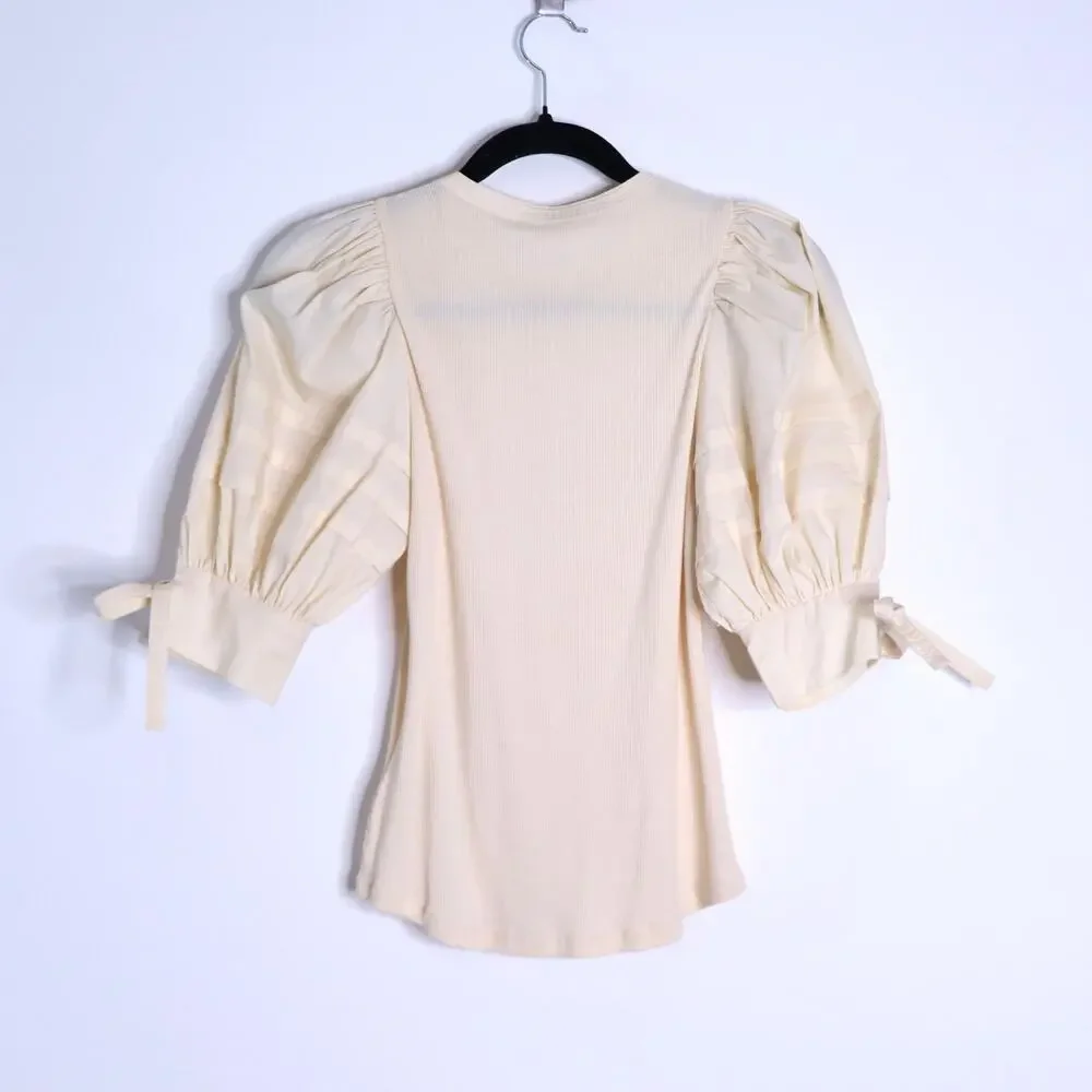 ULLA JOHNSON Iman Poplin Sleeve Top NWT Cream Henley Ribbed Women's P/US 0-00